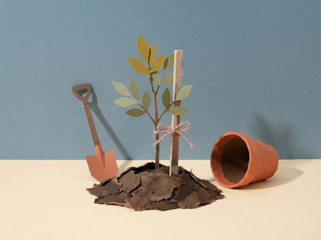 Árvore de papel recém-plantada com tutor, pá e vaso de barro