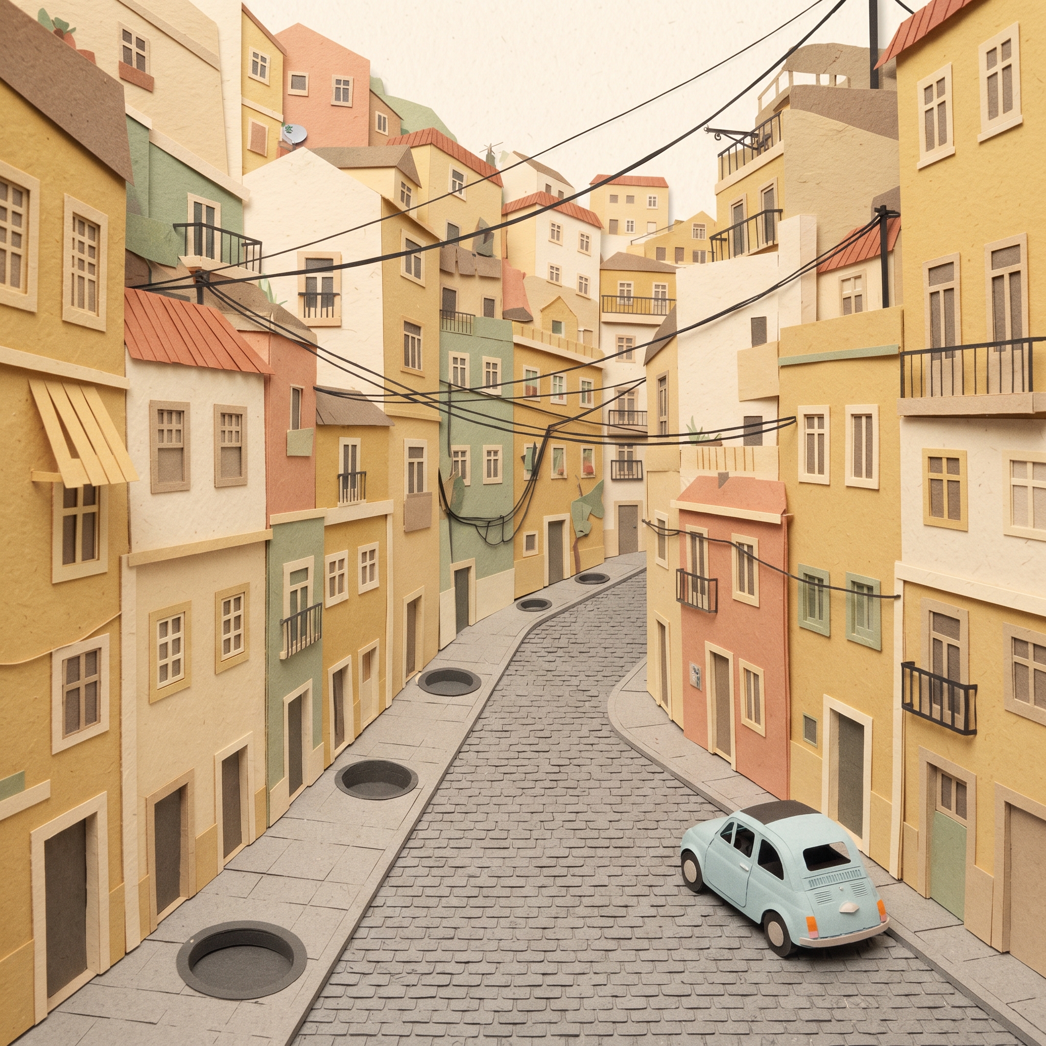 Uma rua de Lisboa em papel, com caldeiras vazias e sem sombra